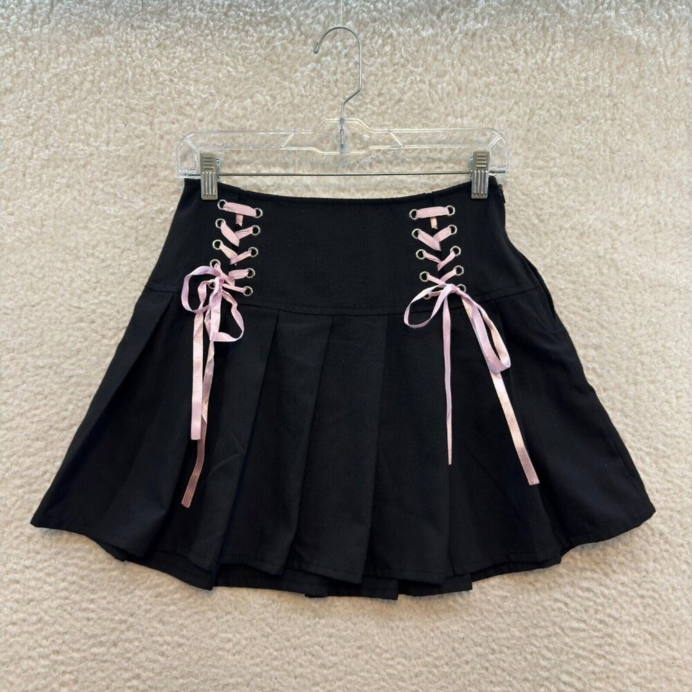 Hot Topic Pleated Mini Skirt 4 26 S Small Black Pink Coquette Gothic Lolita Punk